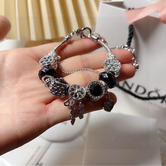 Pandora Silver Bracelet with Black Heart Charms - Picture 3 of 6